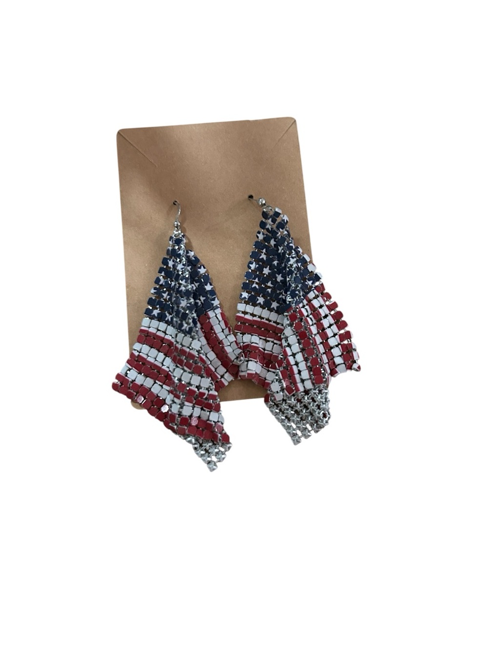 Patriotic USA American Flag mesh drop earrings feature a flowy design